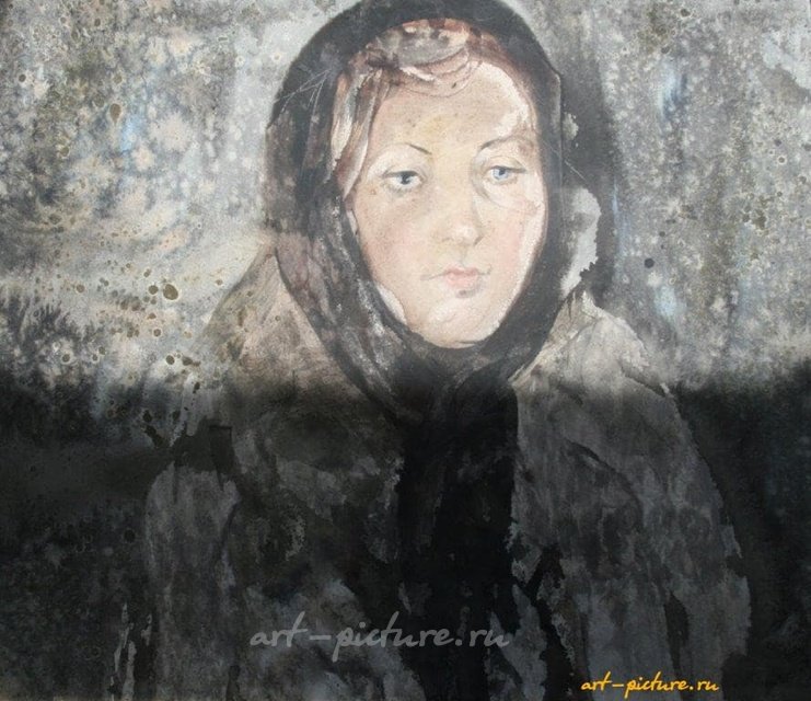 头巾女孩。纸本，水彩。52 x 60 厘米。