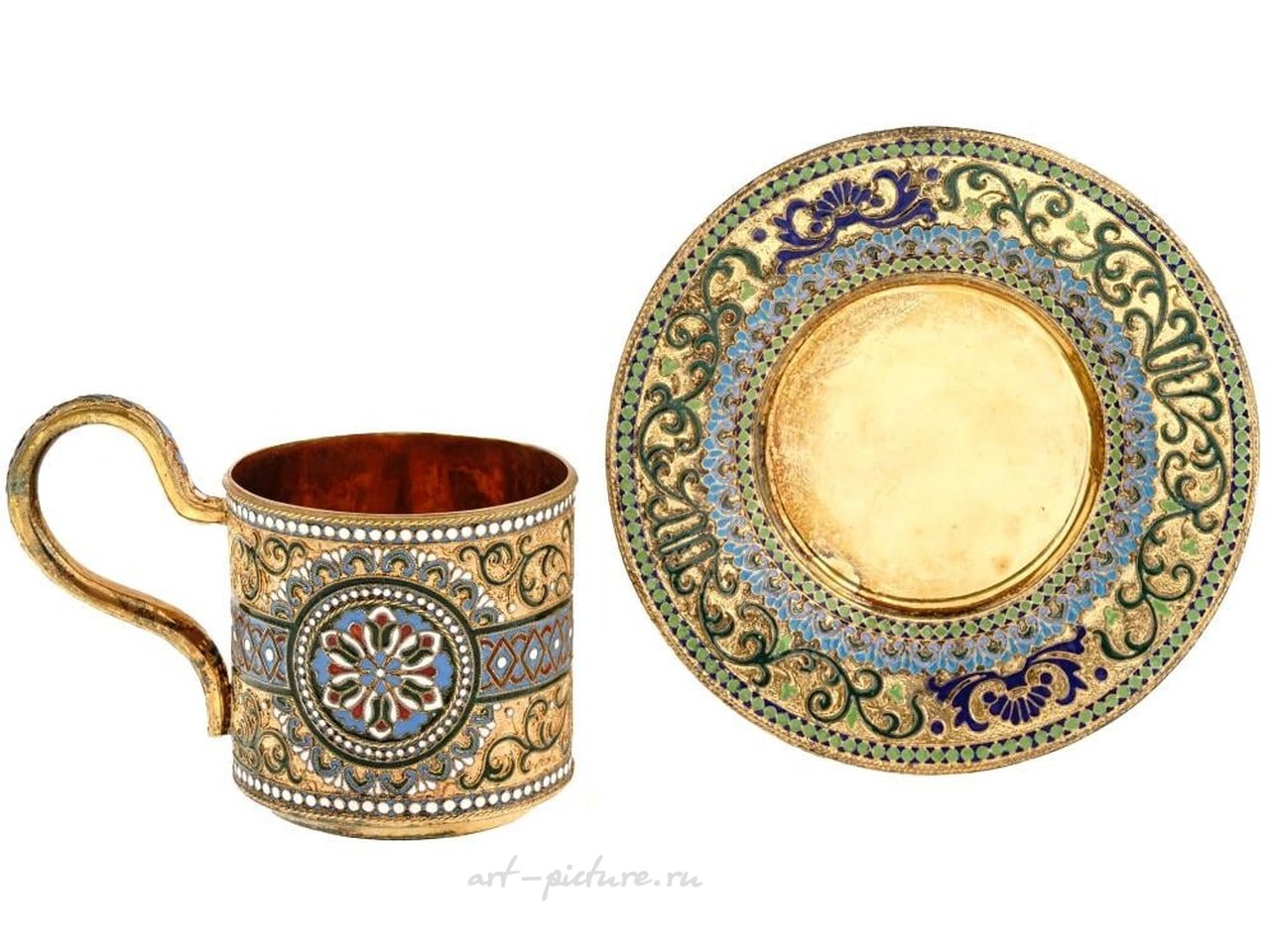 Русское серебро , Серебряная чашка и блюдце с эмалью в технике клоизонне