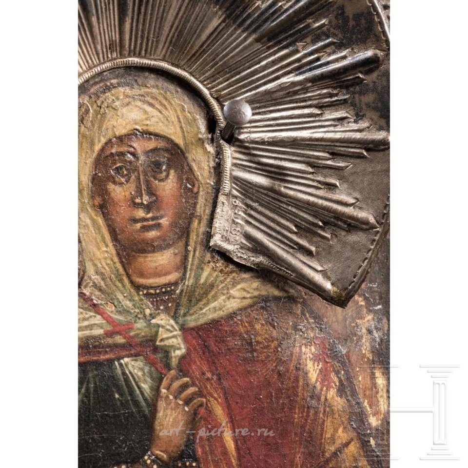 Русское серебро , Русская икона с тремя святыми мучениками и серебряной басмой