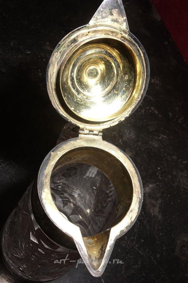 Русское серебро , Кувшин с ручкой из резного хрусталя, серебро (925 проба)