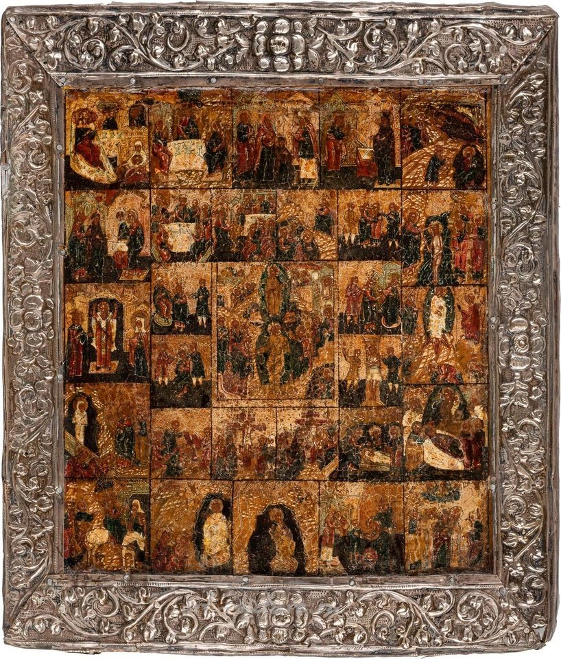 Russian silver , AN ICON OF THE RESURRECTION WITH THE PASSION CYCLE AND THE MOTHER