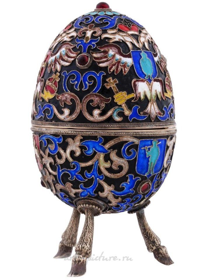 Русское серебро , Русская серебряная яйцевидная шкатулка с эмалью в технике клоизонне