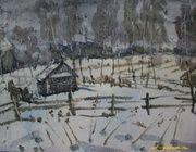 Март в деревне. Акварель. 50х70