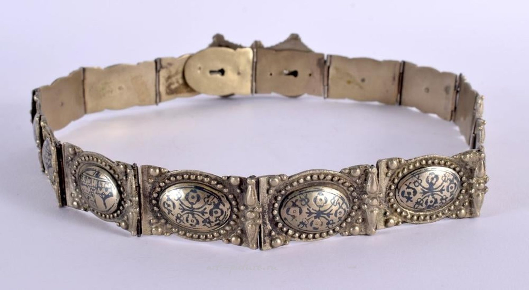 Russian silver , AN UNUSUAL NIELLO TYPE SILVER BELT Russian or Armenian, decorated with intricate designs and patterns.