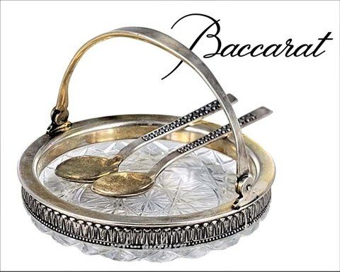 Русское серебро, Серебряный плетеный поднос для икры с хрусталем Баккара, 19 век