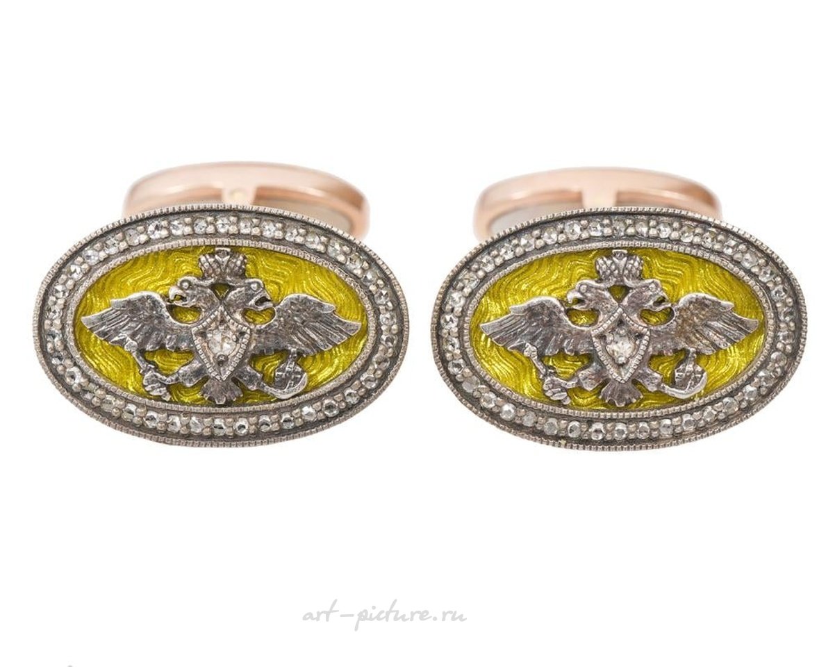 Русское серебро , Пара винтажных овальных запонок в императорском русском стиле