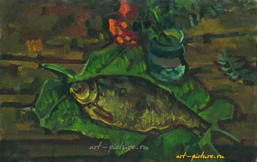 "Натюрморт с рыбой на листьях" масло, холст 