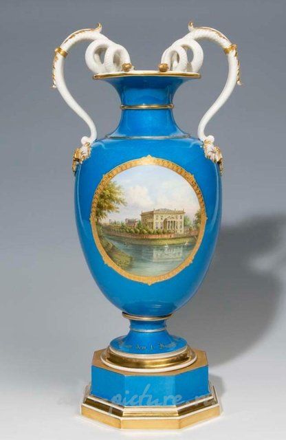 Ваза видовая со змеиными ручками. КПМ БЕРЛИН 1849-1870, художник Хаус. KPM