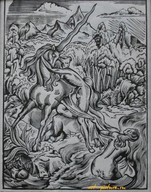 Девушка и Единорог. Линография. 29 х 22 см