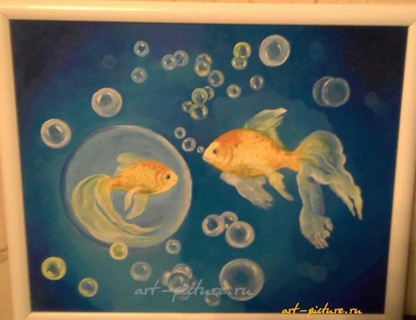 Золотые рыбки картон, масло, рамка 