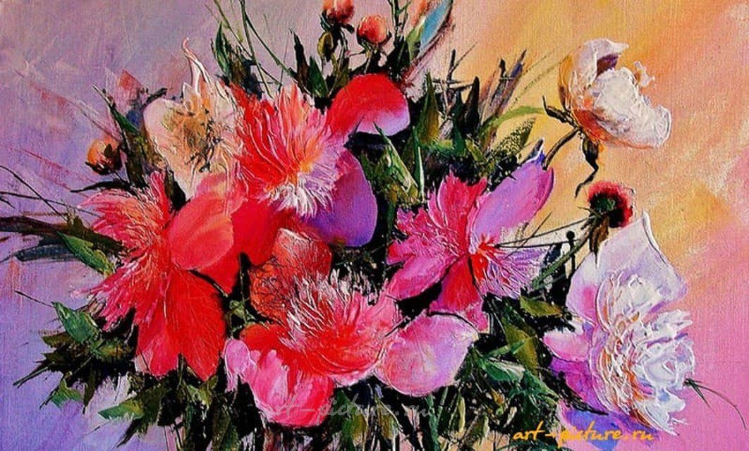 Пионы на розовом акрил,холст