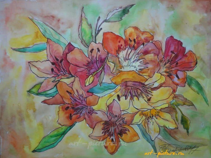 Золотые лилии акварель, линер, бумага 