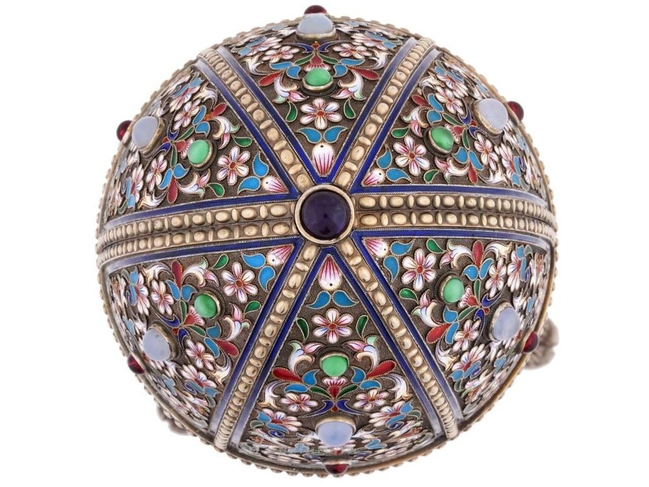 Русское серебро , Серебряный яйцевидный футляр с позолотой и эмалью, маркированный "88"