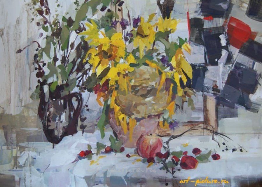 "Натюрморт с подсолнухом" акрил, бумага 