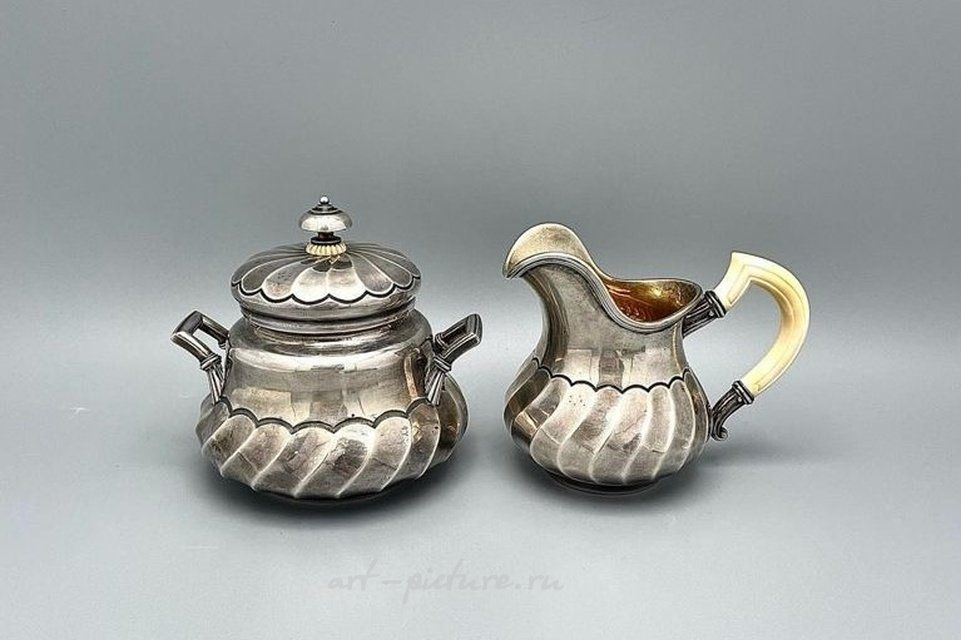 "Carl Fabergé milk jug sugar bowl, Russian Empire, silver 84."