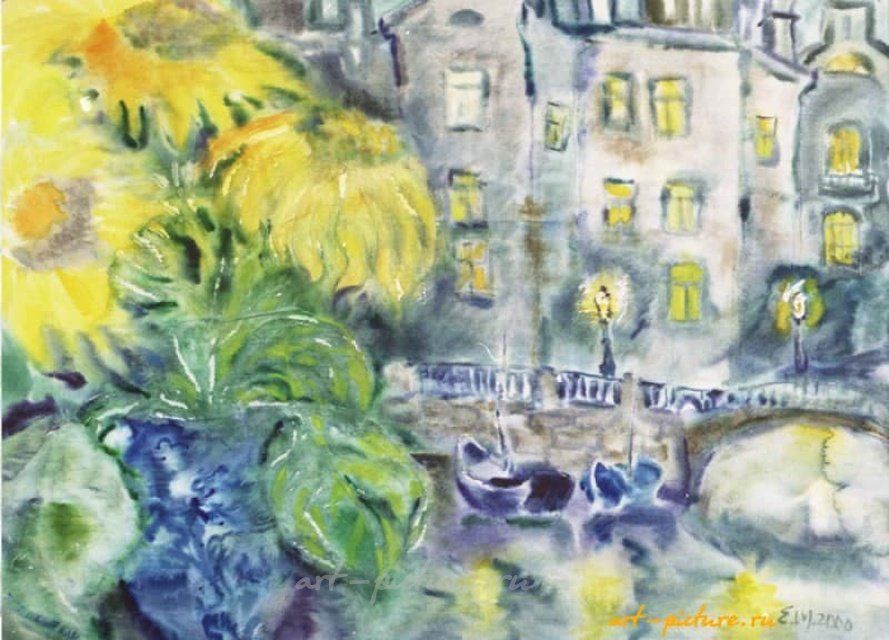 Подсолнухи на набережной Акварель 