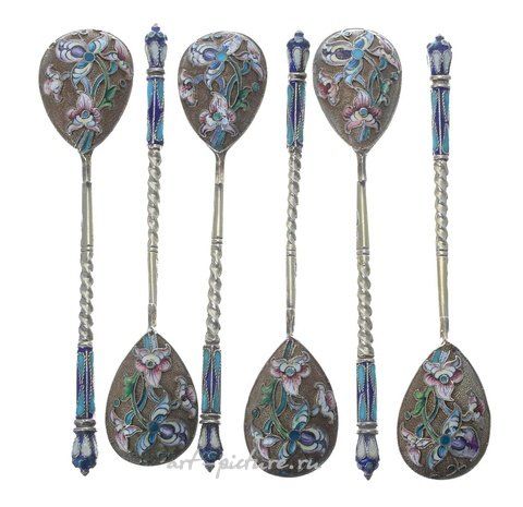 Русское серебро, Набор из шести русских серебряных ложек с позолотой и клеймом,