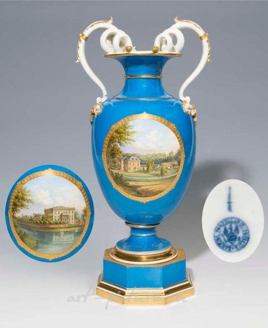 Ваза видовая со змеиными ручками. КПМ БЕРЛИН 1849-1870, художник Хаус. KPM