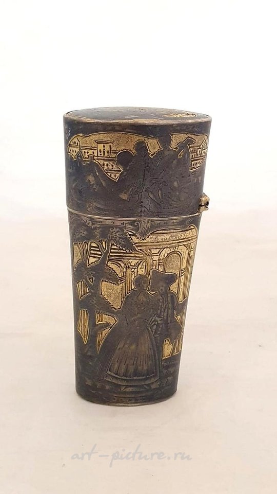 Русское серебро , Русская табакерка 18 века из серебра с позолотой и чернью, изготовленная в Великом Устюге в 1779 году