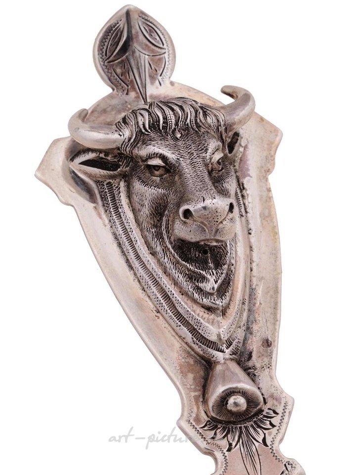 Русское серебро , Серебряная ложка для крекеров с головой быка и мухой