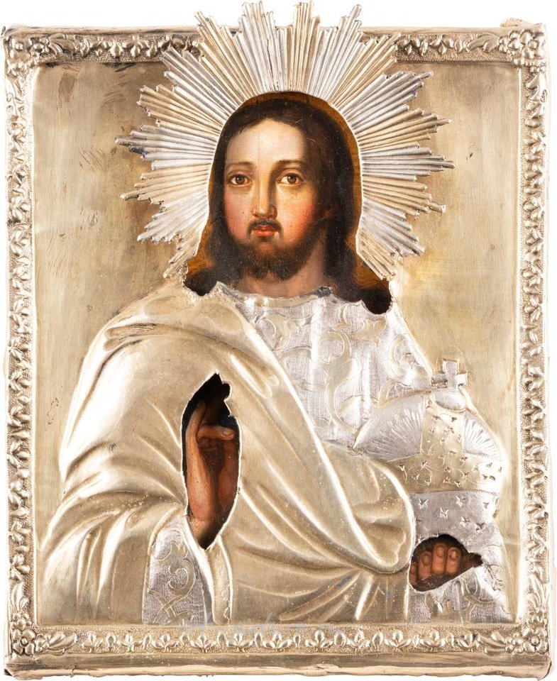 Русское серебро , МАЛЕНЬКАЯ ИКОНА С ИЗОБРАЖЕНИЕМ СПАСИТЕЛЯ ХРИСТА С СЕРЕБРЯНО-ЗОЛОТЫМ О...