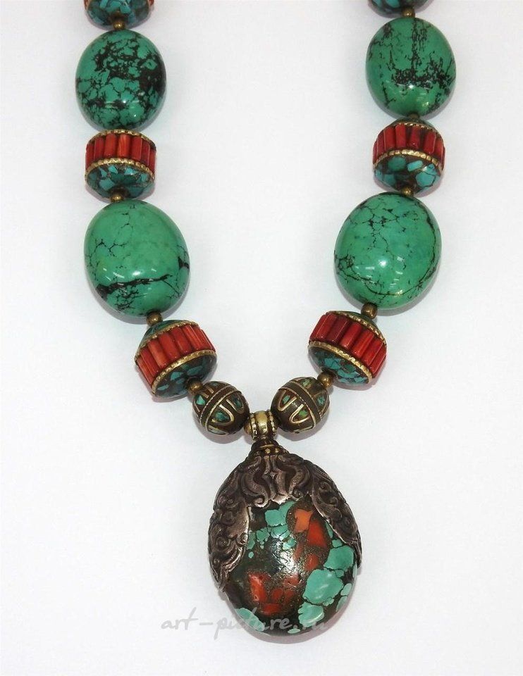 Русское серебро , Колье из коралла, малахита, турмалина и серебра