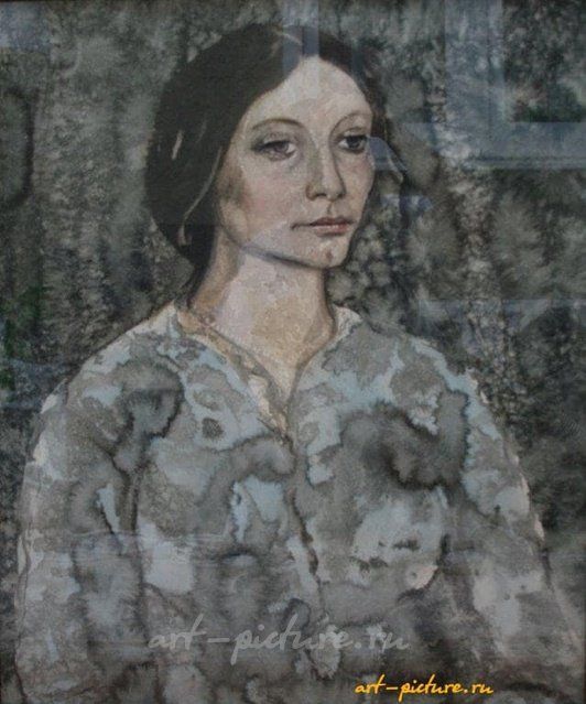 女孩穿着灰色。纸上，水彩画。66 x 56 厘米。