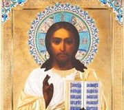 Икона Христа Пантократора с серебряно-золотой отделкой и тканью