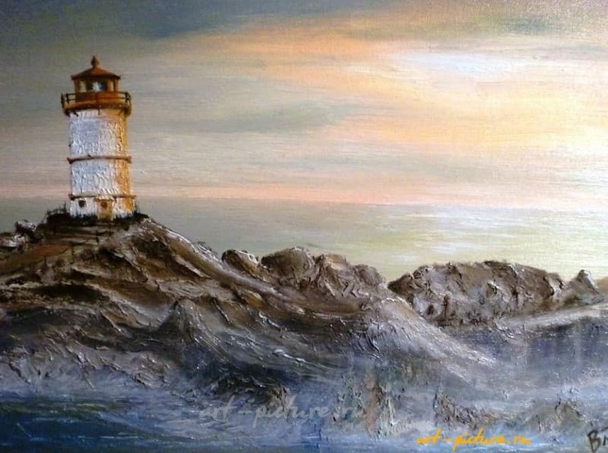 The translation of "Маяк масло, холст на картоне" into English is: "Lighthouse oil, canvas on cardboard."