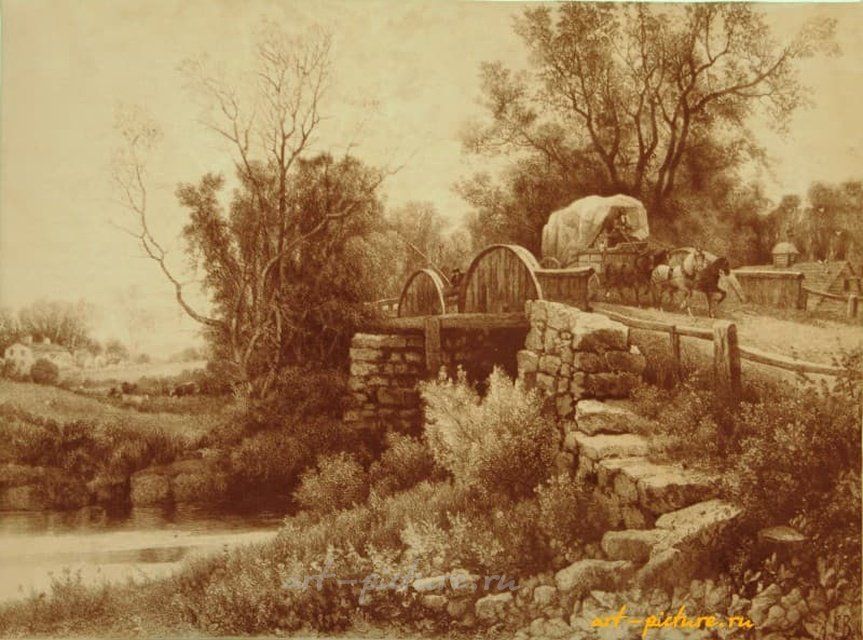 Старая водяная мельница гравюра на натуральной коже 