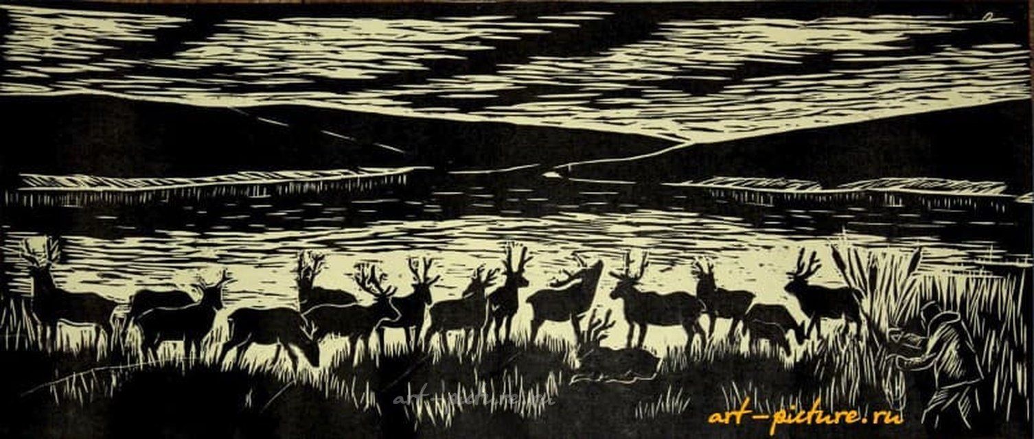 На закате Линогравюра 