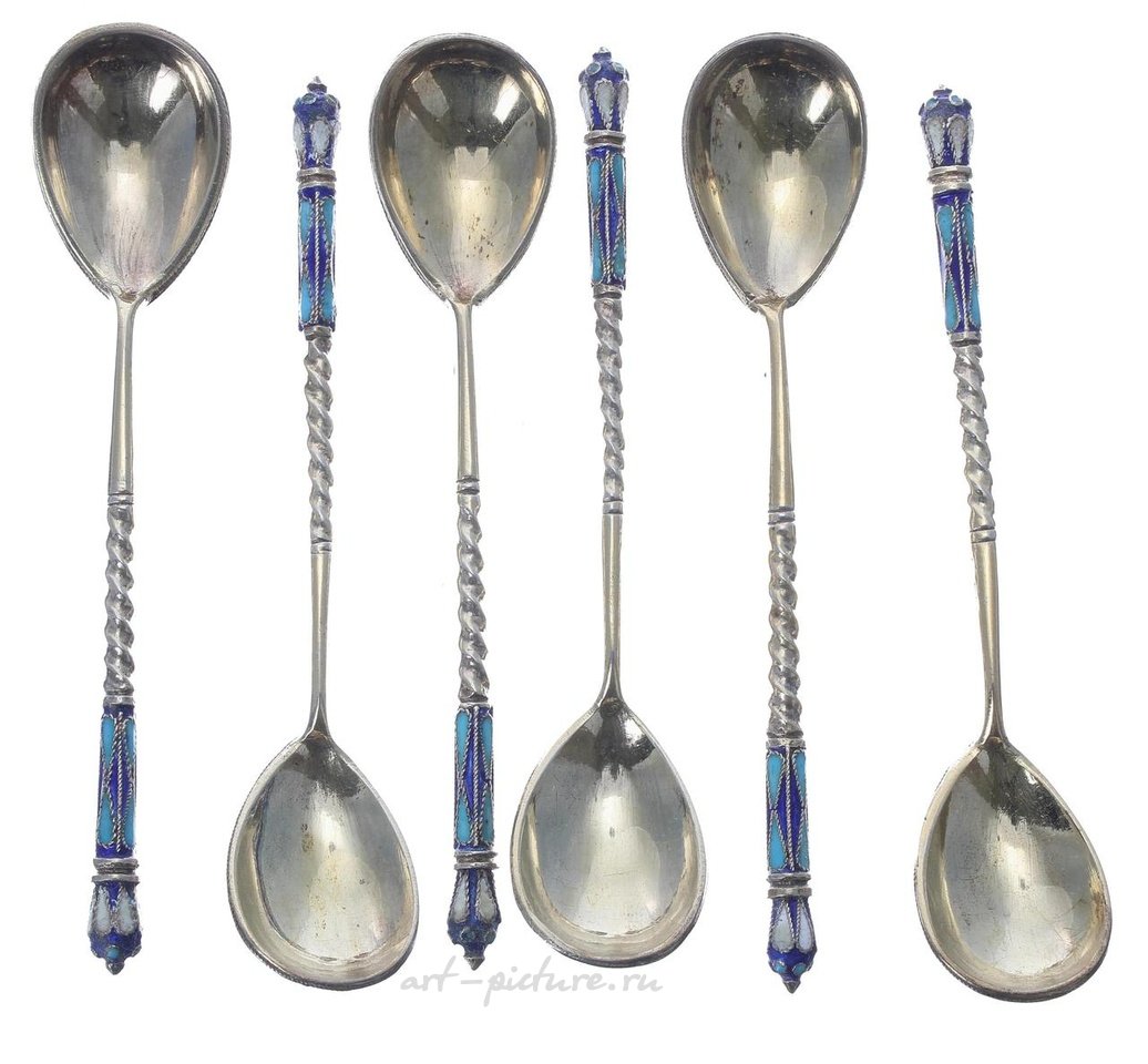 Русское серебро , Набор из шести русских серебряных ложек с позолотой и клеймом,