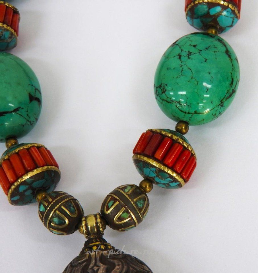 Русское серебро , Колье из коралла, малахита, турмалина и серебра