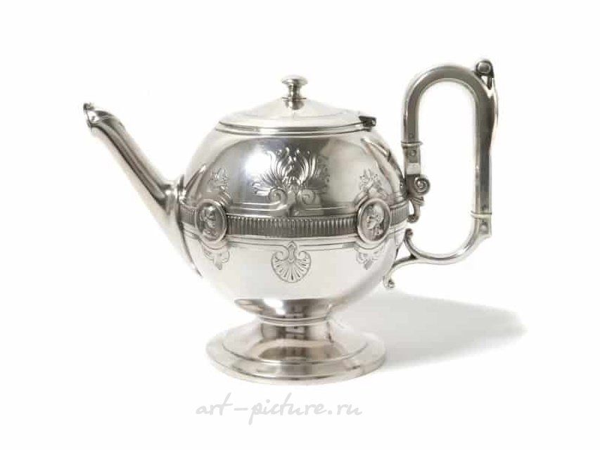 Silver teapot. USA, Gorham Medallion design.