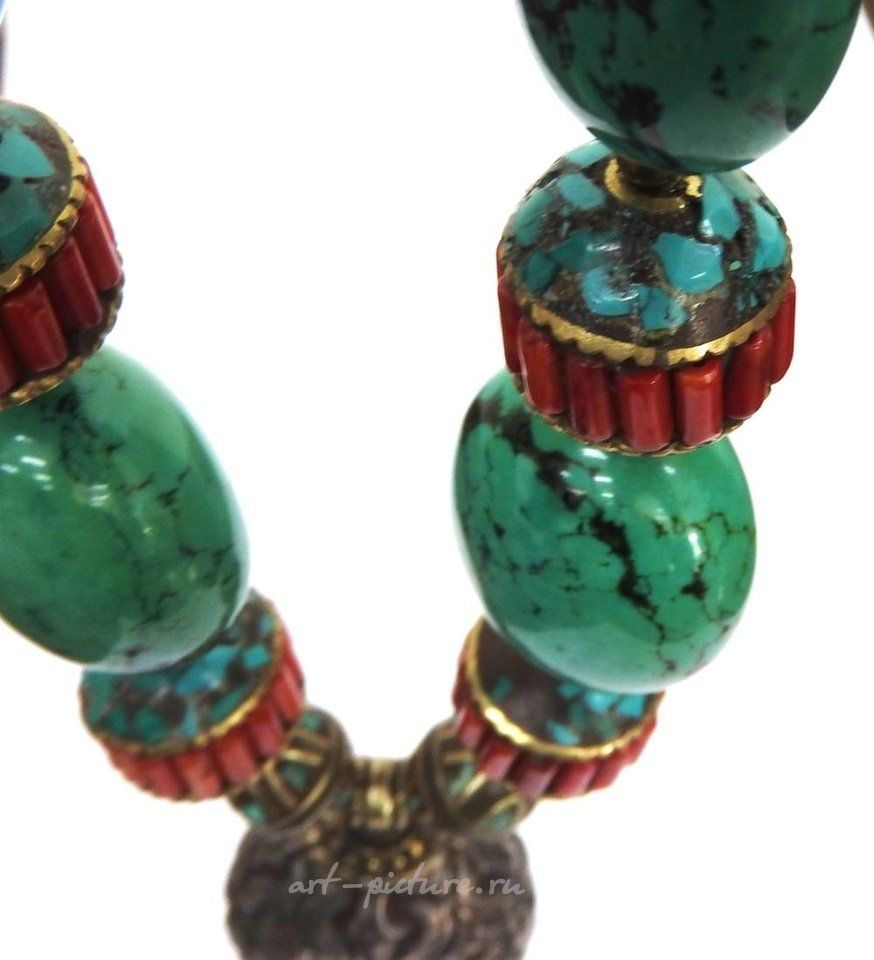 Русское серебро , Колье из коралла, малахита, турмалина и серебра