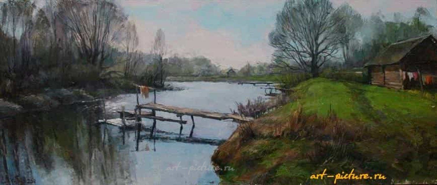 春天。小桥。画布，油画。30 x 70 厘米