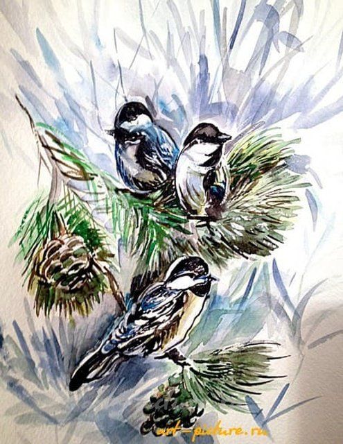 Синички бумага, акварель 