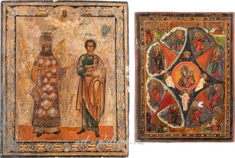 Русское серебро, ДВЕ ИКОНЫ С ИЗОБРАЖЕНИЕМ БОЖИЕЙ МАТЕРИ "НЕОПАЛИМАЯ КУПИНА" И ДВУХ русских СВЯТЫХ