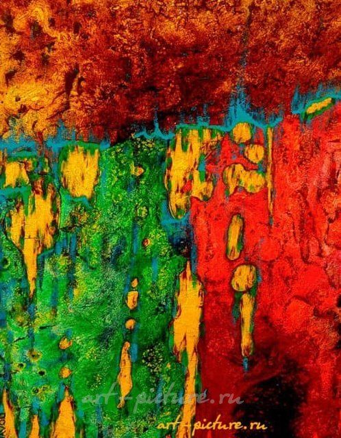 Бирюзовый на зеленом шелк, золото, акрил, лаки, смешанная техника 