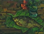 "Натюрморт с рыбой на листьях" масло, холст 