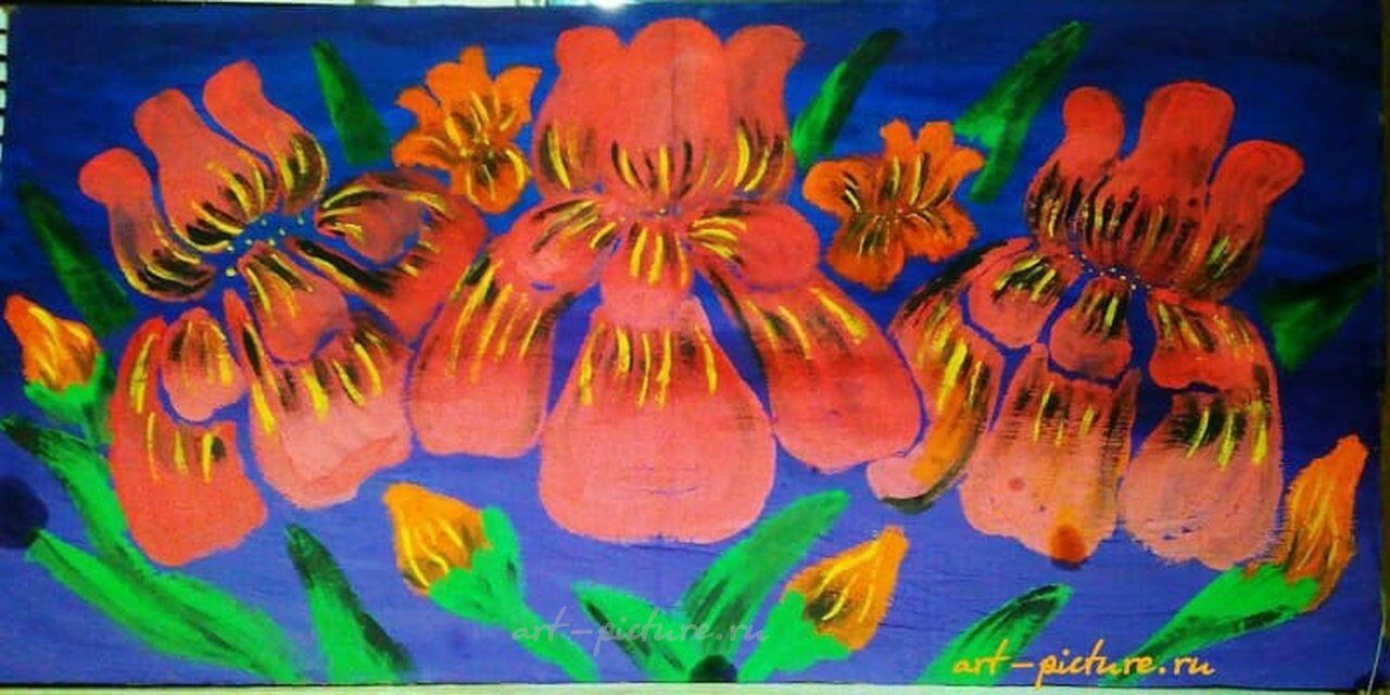 Алые ирисы на синем фоне -худ.гуашь на картоне- 