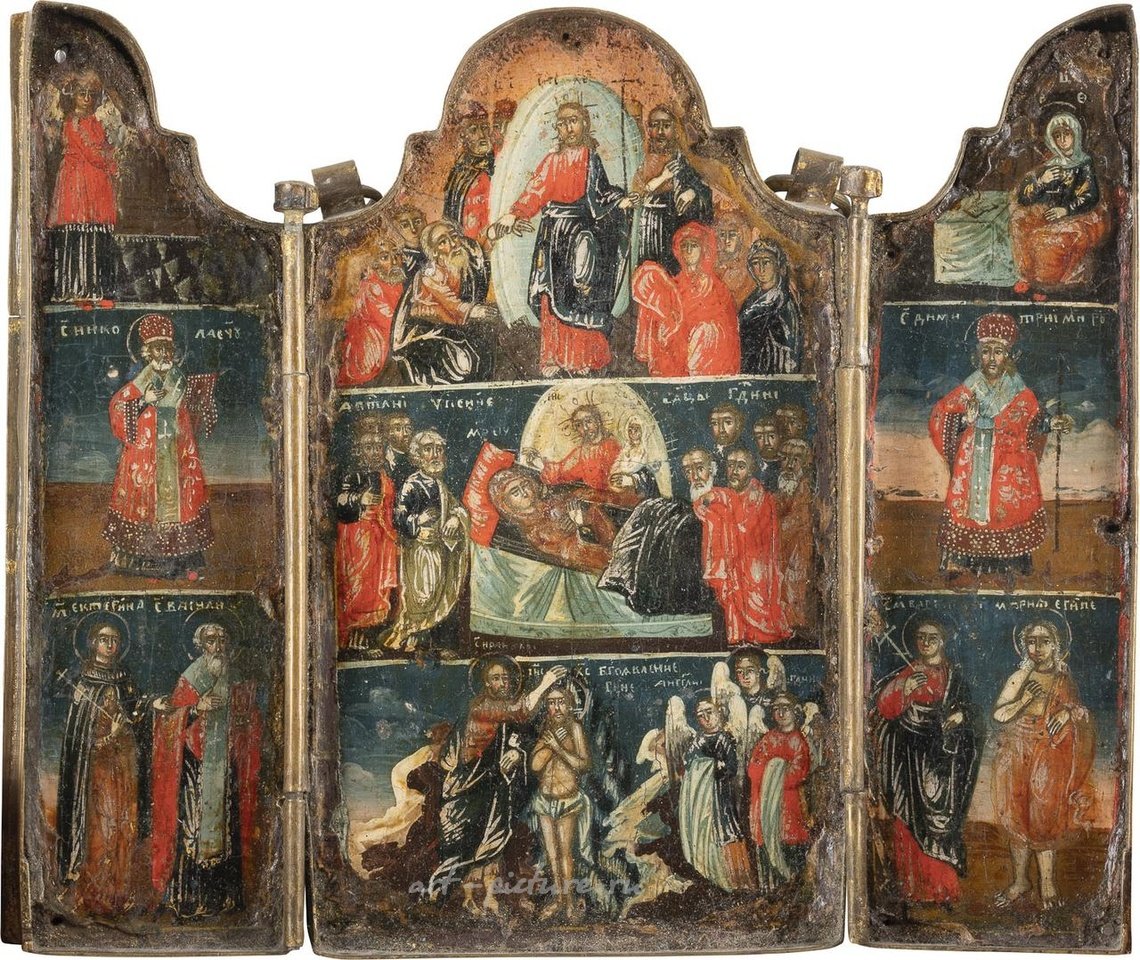 Русское серебро , НЕБОЛЬШОЙ ТРИПТИХ, ИЗОБРАЖАЮЩИЙ СОШЕСТВИЕ ВО АД, УСПЕНИЕ БОЖИЕЙ МАТЕРИ И КРЕЩЕНИЕ ХРИСТА С ИЗБРАННЫМИ СВЯТЫМИ