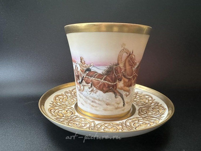 Чайная пара Русская тройка. Быстрицкой. Фарфор, ручная роспись, золочение, цировка.