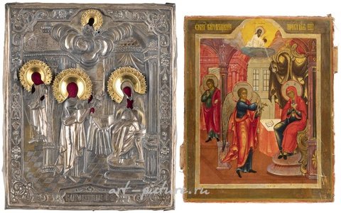 Русское серебро, Икона "Благовещение" с окладом, Россия, середина 19 века