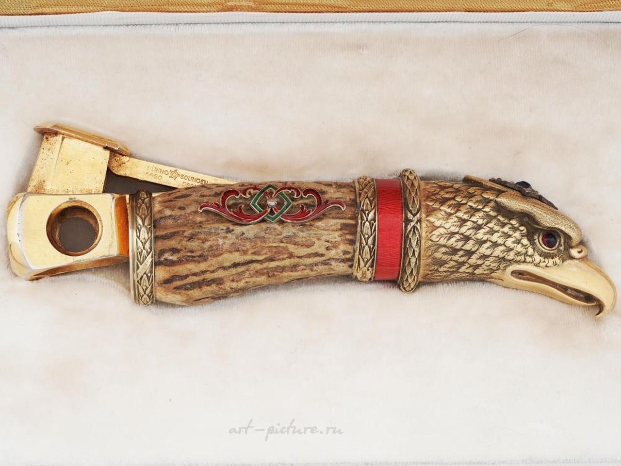 Русское серебро , Русский серебряный золоченый с эмалью и бриллиантами секач для сигар