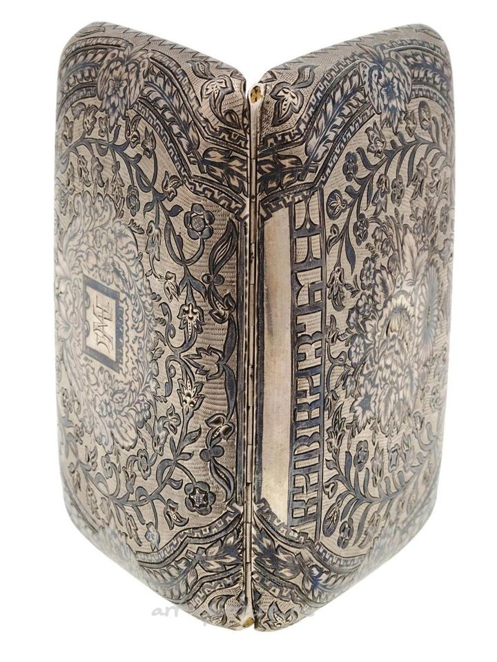 Русское серебро , Антикварный русский серебряный с золочением ниелло сигаретный кейс