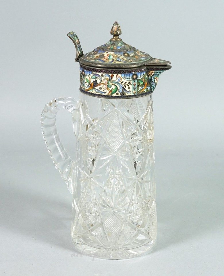Русское серебро , Кувшин с ручкой из резного хрусталя, серебро (925 проба)