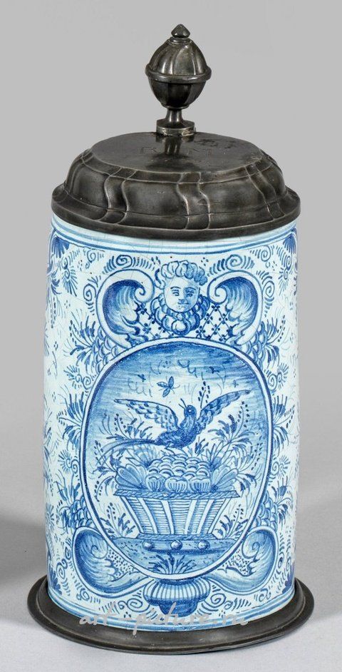 Немецкая оловянная сине-белая фаянсовая кружка