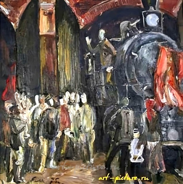 Митинг в депо. Картон, масло. 50 х 50 см