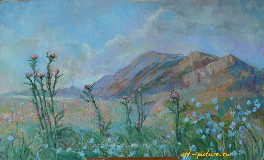 Горы с чертополохом Картон, масло 